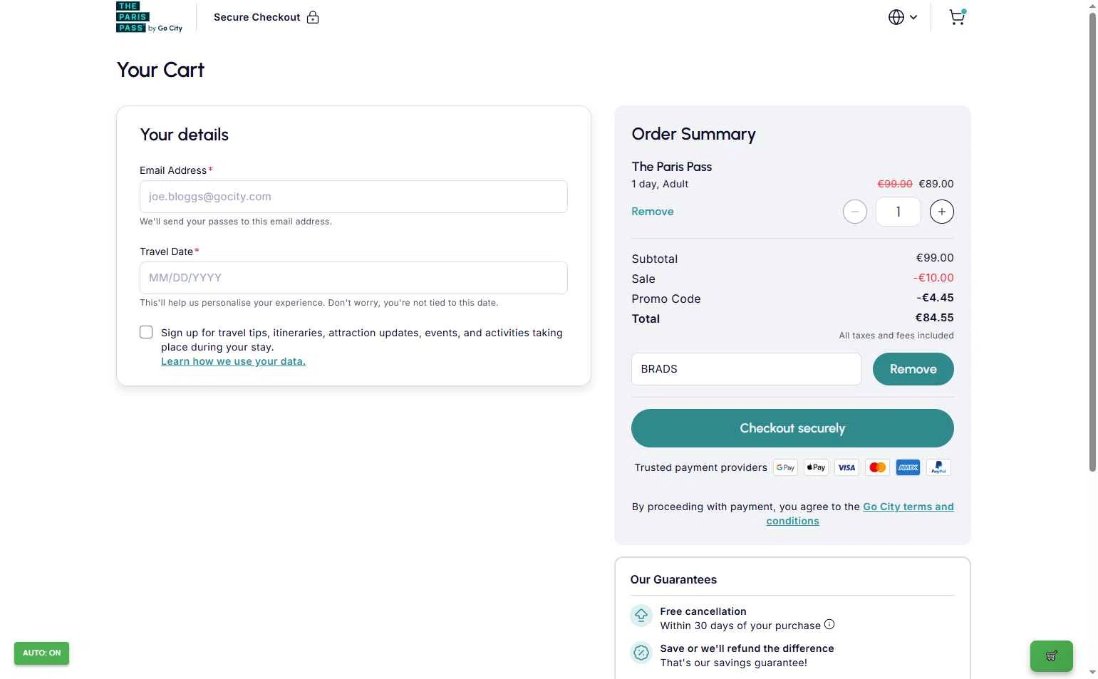 Paris Pass checkout page showing Paris Pass promo code box | Screenshot taken by SimplyCodes community member on Oct 27, 2025