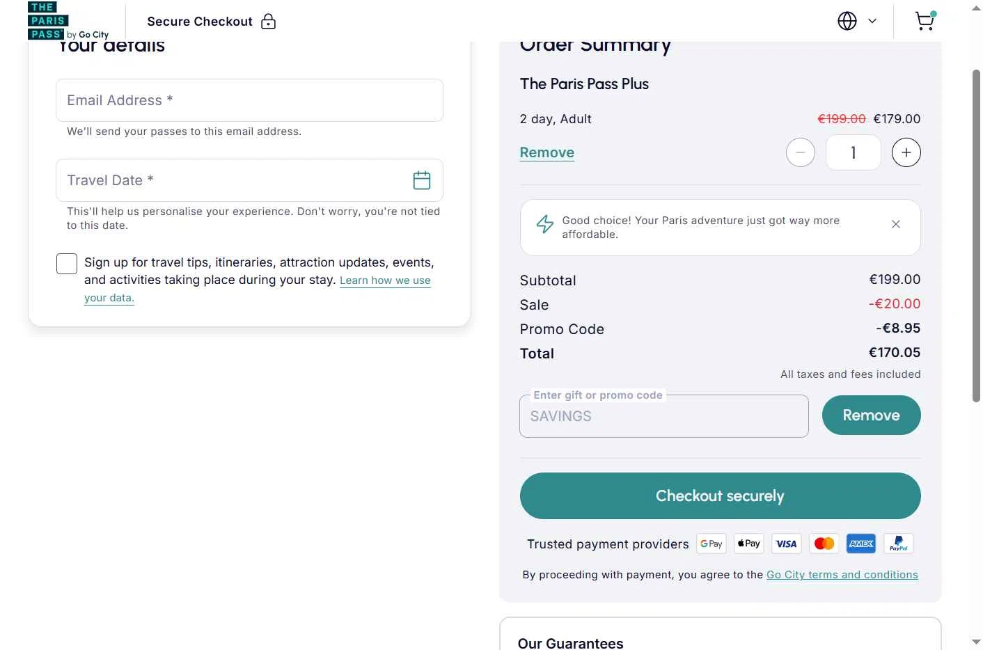 Paris Pass checkout page showing Paris Pass promo code box | Screenshot taken by SimplyCodes community member on Dec 19, 2025