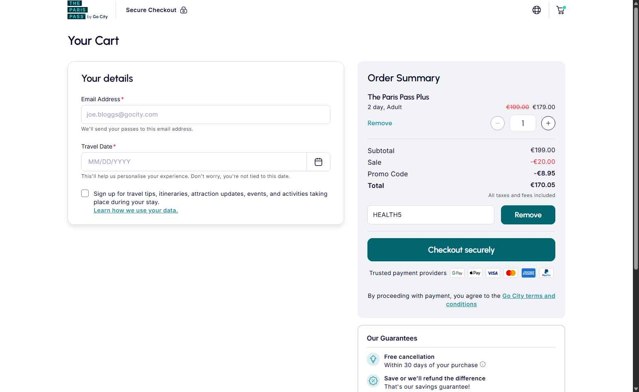 Paris Pass checkout page showing Paris Pass promo code box | Screenshot taken by SimplyCodes community member on Aug 6, 2025