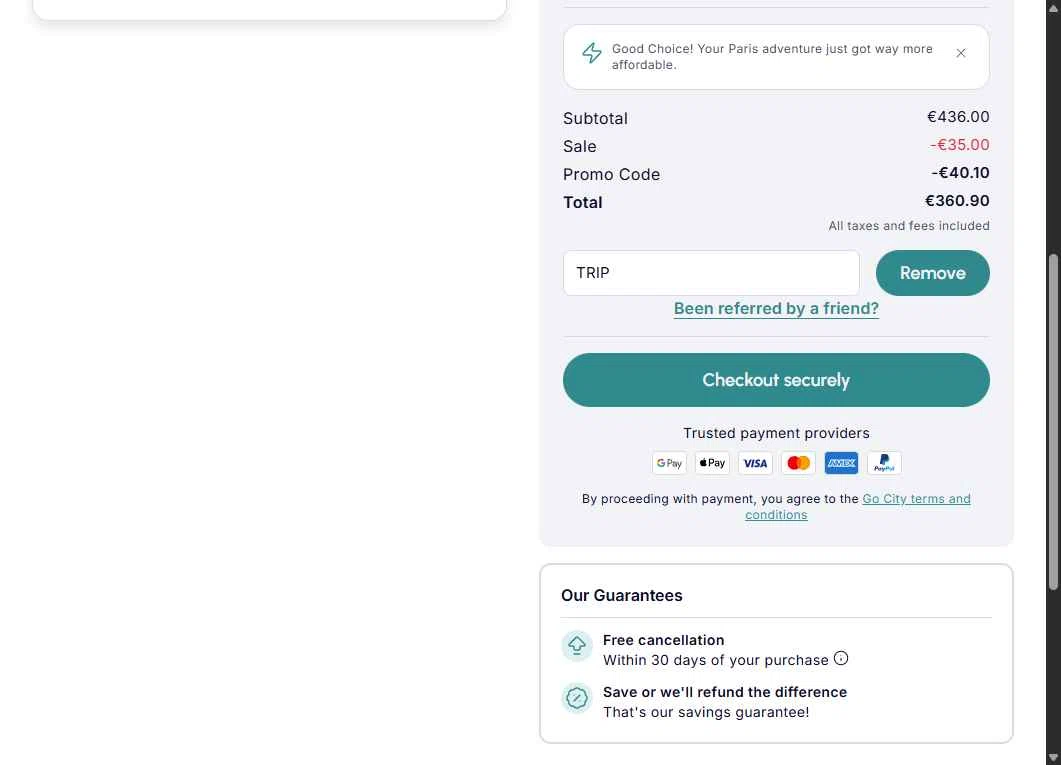 Paris Pass checkout page showing Paris Pass promo code box | Screenshot taken by SimplyCodes community member on Nov 13, 2025