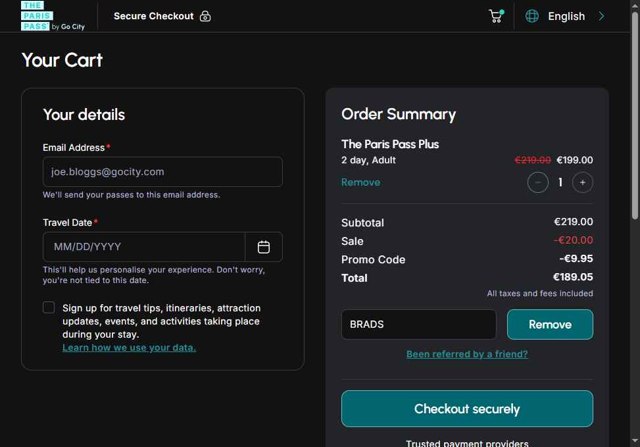 Paris Pass checkout page showing Paris Pass promo code box | Screenshot taken by SimplyCodes community member on Jul 3, 2025