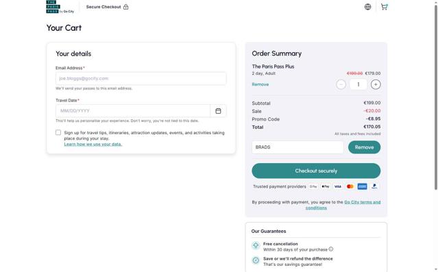 Paris Pass checkout page showing Paris Pass promo code box | Screenshot taken by SimplyCodes community member on Sep 28, 2025