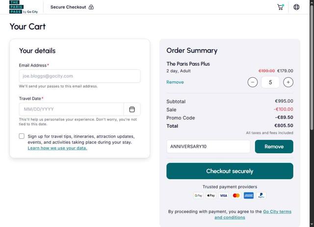 Paris Pass checkout page showing Paris Pass promo code box | Screenshot taken by SimplyCodes community member on Jul 17, 2025