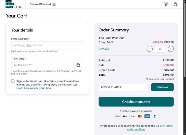 Paris Pass checkout page showing Paris Pass promo code box | Screenshot taken by SimplyCodes community member on Jul 17, 2025