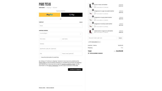 Paris Texas checkout page showing Paris Texas discount code box | Screenshot taken by SimplyCodes community member on Sep 4, 2025