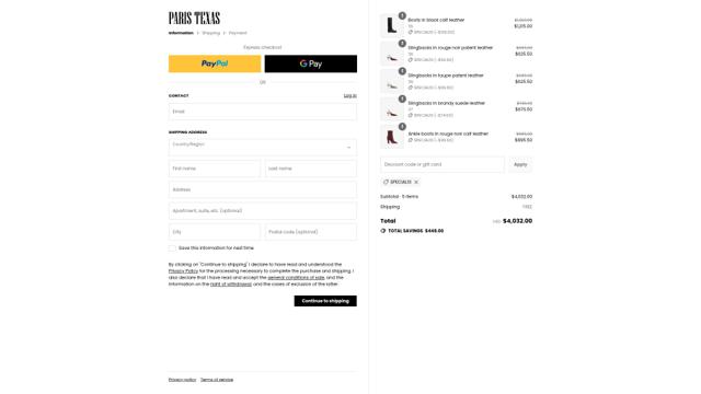 Paris Texas checkout page showing Paris Texas discount code box | Screenshot taken by SimplyCodes community member on Sep 4, 2025