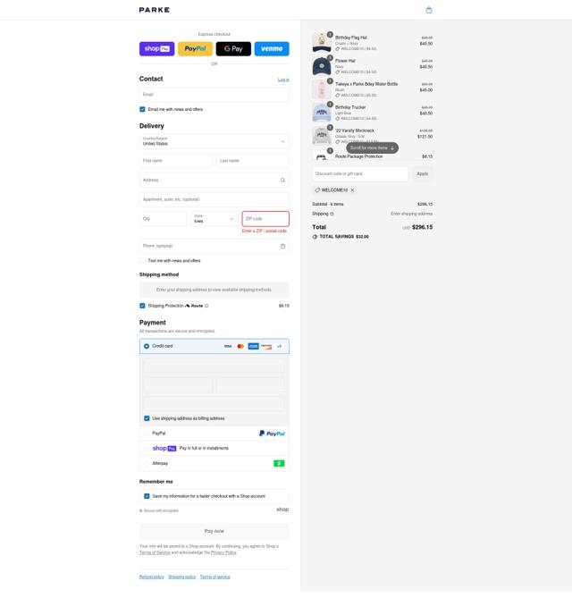 PARKE checkout page showing PARKE discount code box | Screenshot taken by SimplyCodes community member on Jul 19, 2025
