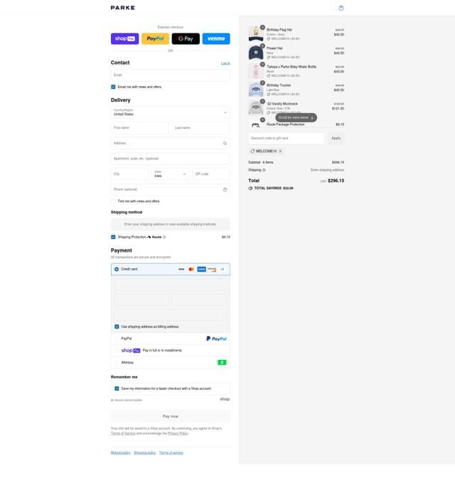 PARKE checkout page showing PARKE discount code box | Screenshot taken by SimplyCodes community member on Jul 23, 2025