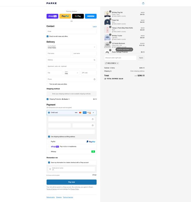 PARKE checkout page showing PARKE discount code box | Screenshot taken by SimplyCodes community member on Aug 9, 2025