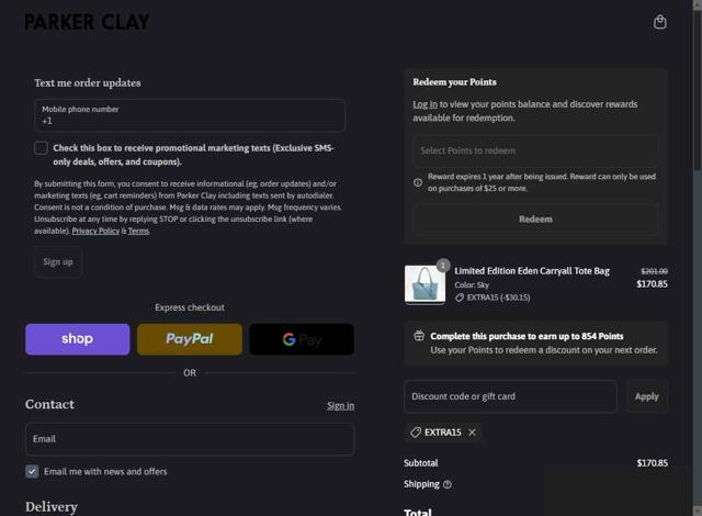 Parker Clay checkout page showing Parker Clay discount code box | Screenshot taken by SimplyCodes community member on Sep 12, 2025