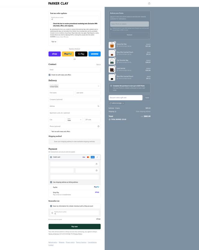 Parker Clay checkout page showing Parker Clay discount code box | Screenshot taken by SimplyCodes community member on Sep 10, 2025