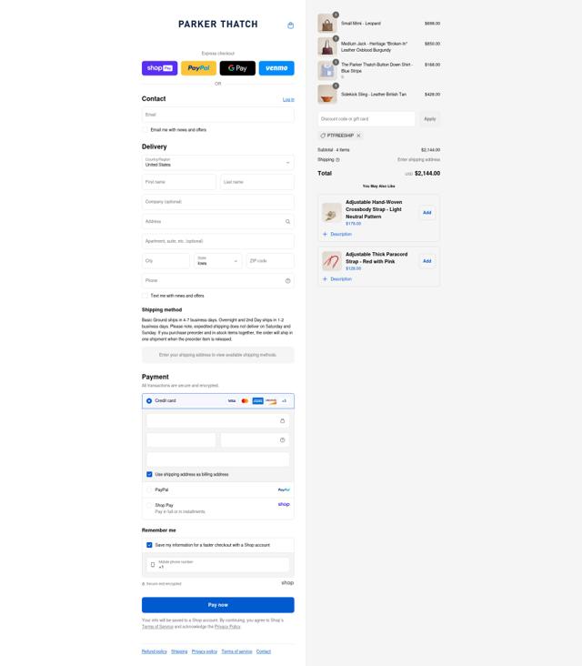 Parker Thatch checkout page showing Parker Thatch discount code box | Screenshot taken by SimplyCodes community member on Aug 24, 2025