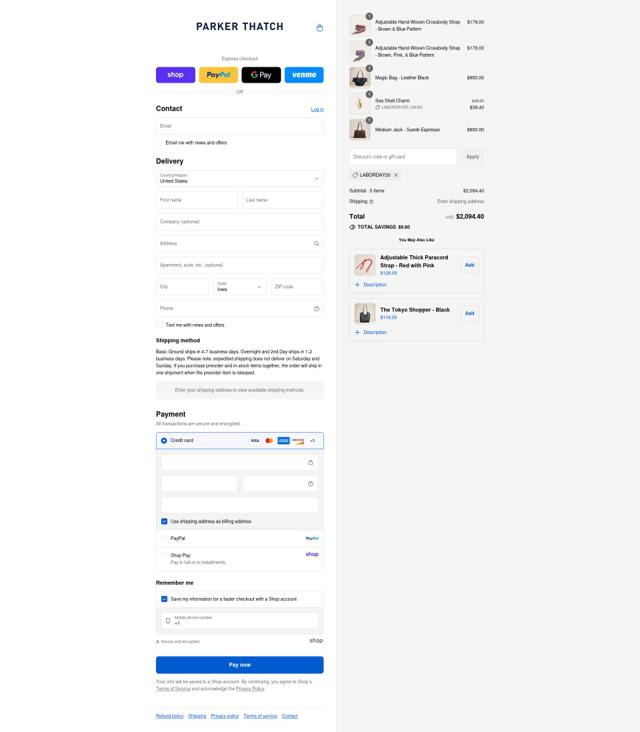 Parker Thatch checkout page showing Parker Thatch discount code box | Screenshot taken by SimplyCodes community member on Sep 2, 2025