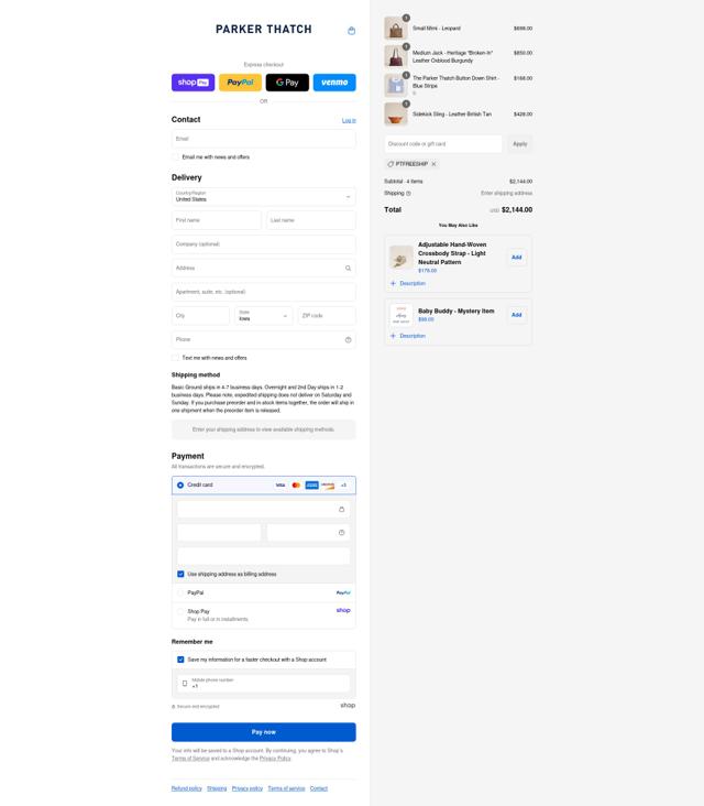 Parker Thatch checkout page showing Parker Thatch discount code box | Screenshot taken by SimplyCodes community member on Aug 20, 2025