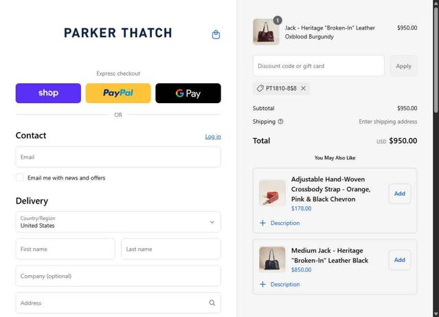 Parker Thatch checkout page showing Parker Thatch discount code box | Screenshot taken by SimplyCodes community member on Aug 31, 2025