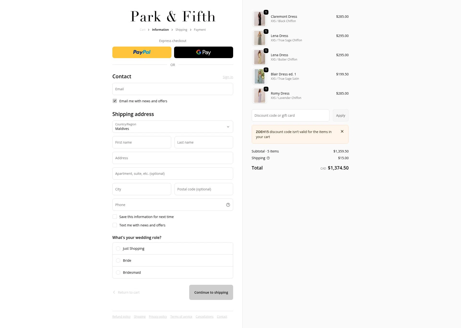 Park Fifth checkout page showing Park Fifth discount code box | Screenshot taken by SimplyCodes community member on Jan 18, 2026