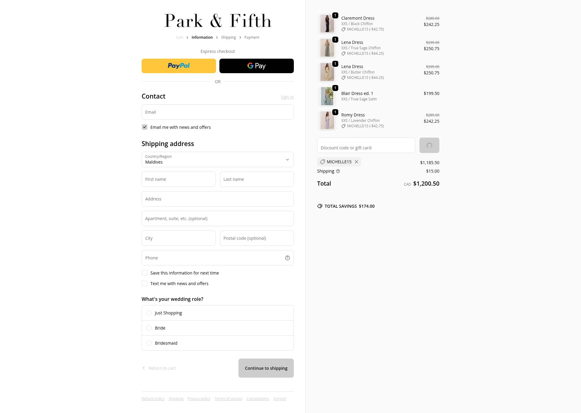 Park Fifth checkout page showing Park Fifth discount code box | Screenshot taken by SimplyCodes community member on Jan 18, 2026