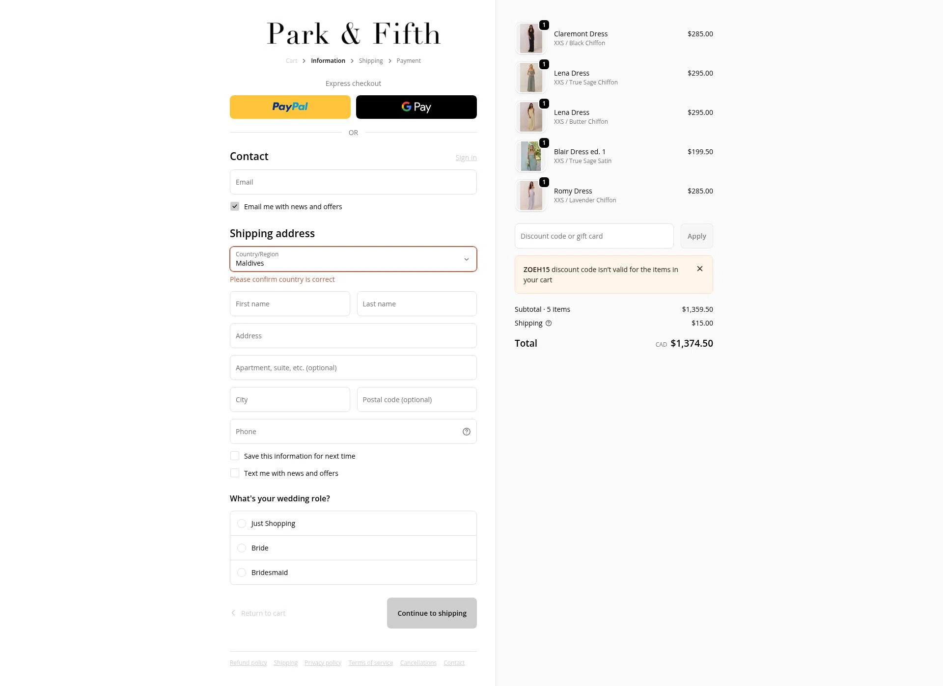 Park Fifth checkout page showing Park Fifth discount code box | Screenshot taken by SimplyCodes community member on Feb 1, 2026