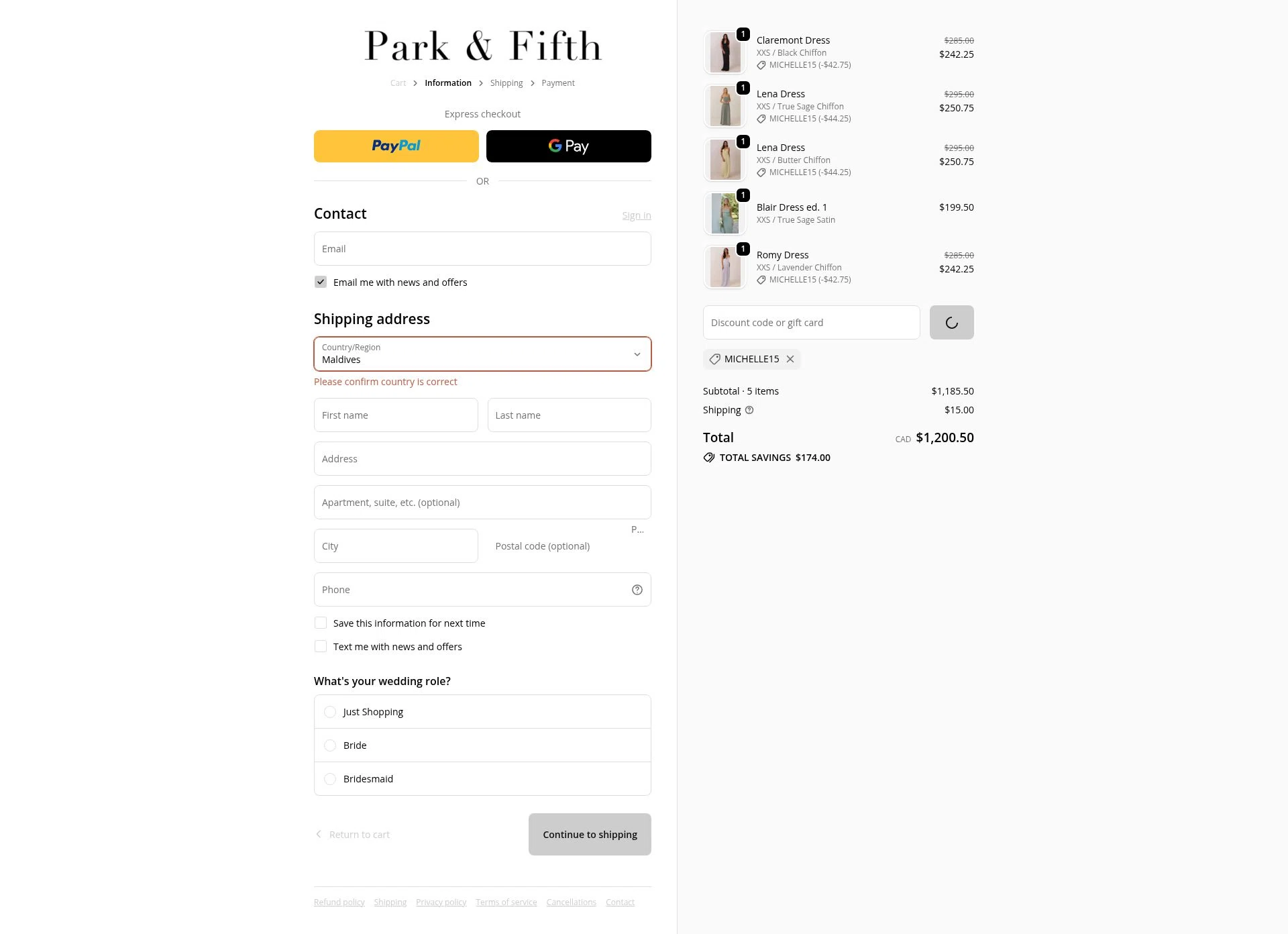 Park Fifth checkout page showing Park Fifth discount code box | Screenshot taken by SimplyCodes community member on Jan 27, 2026