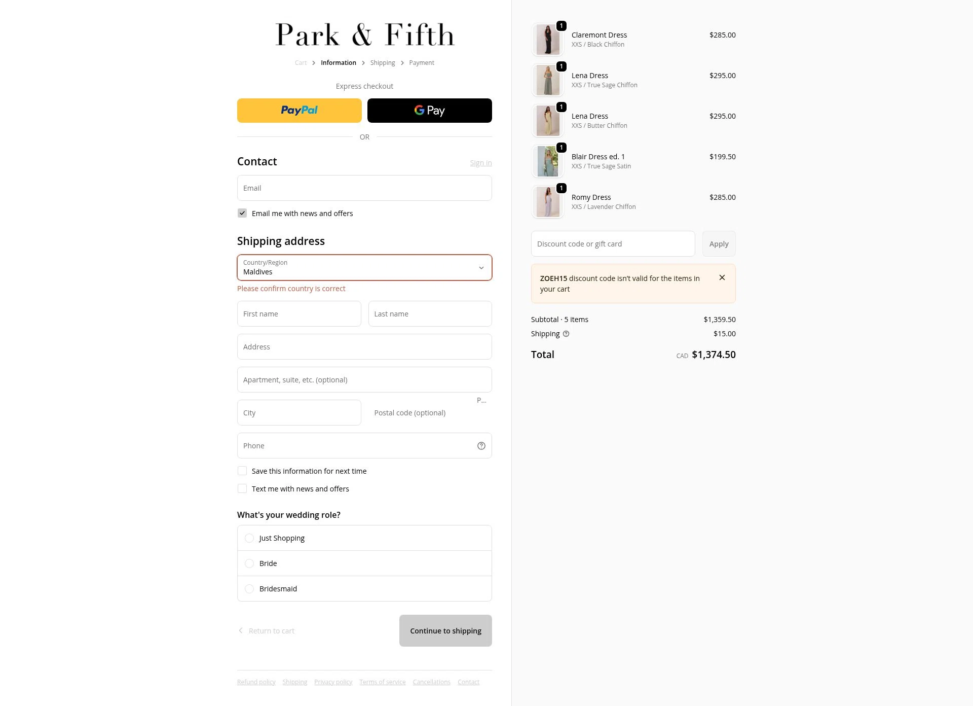 Park Fifth checkout page showing Park Fifth discount code box | Screenshot taken by SimplyCodes community member on Jan 27, 2026