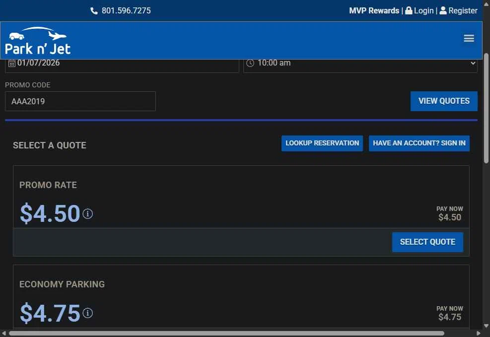 Park'n JET checkout page showing Park'n JET promo code box | Screenshot taken by SimplyCodes community member on Jan 6, 2026