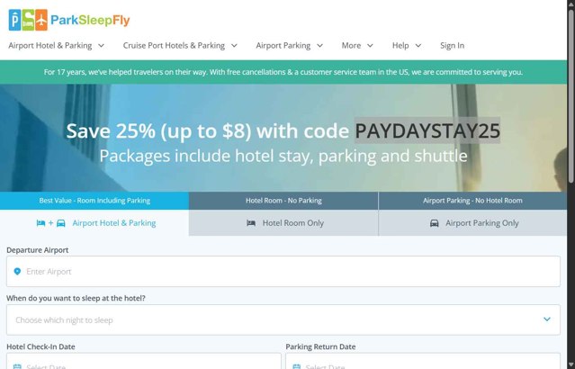 ParkSleepFly.com checkout page showing ParkSleepFly.com coupon code box | Screenshot taken by SimplyCodes community member on Aug 29, 2025