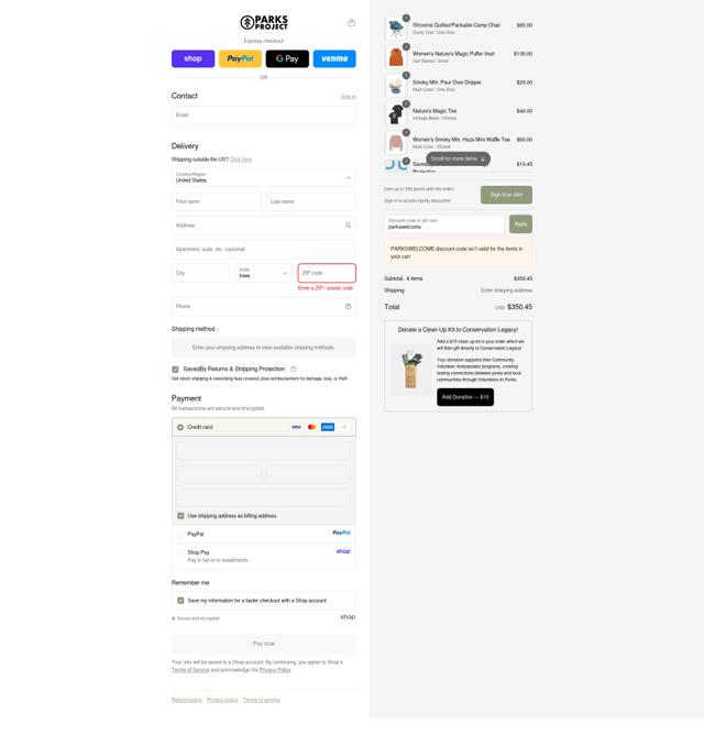 Parks Project checkout page showing Parks Project discount code box | Screenshot taken by SimplyCodes community member on Sep 14, 2025
