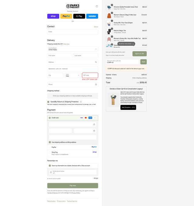 Parks Project checkout page showing Parks Project discount code box | Screenshot taken by SimplyCodes community member on Sep 14, 2025
