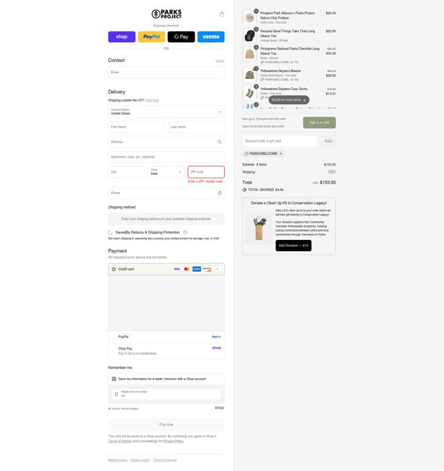 Parks Project checkout page showing Parks Project discount code box | Screenshot taken by SimplyCodes community member on Sep 6, 2025