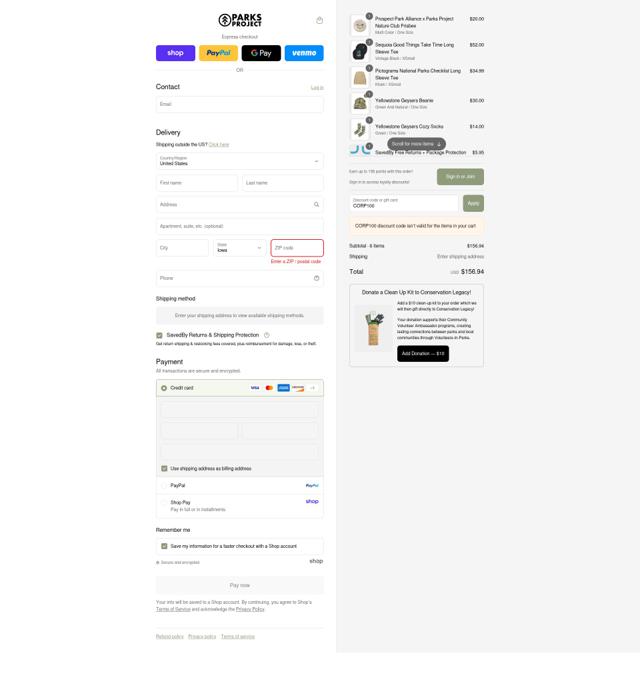 Parks Project checkout page showing Parks Project discount code box | Screenshot taken by SimplyCodes community member on Sep 5, 2025