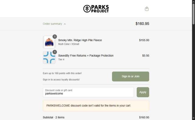 Parks Project checkout page showing Parks Project discount code box | Screenshot taken by SimplyCodes community member on Sep 9, 2025