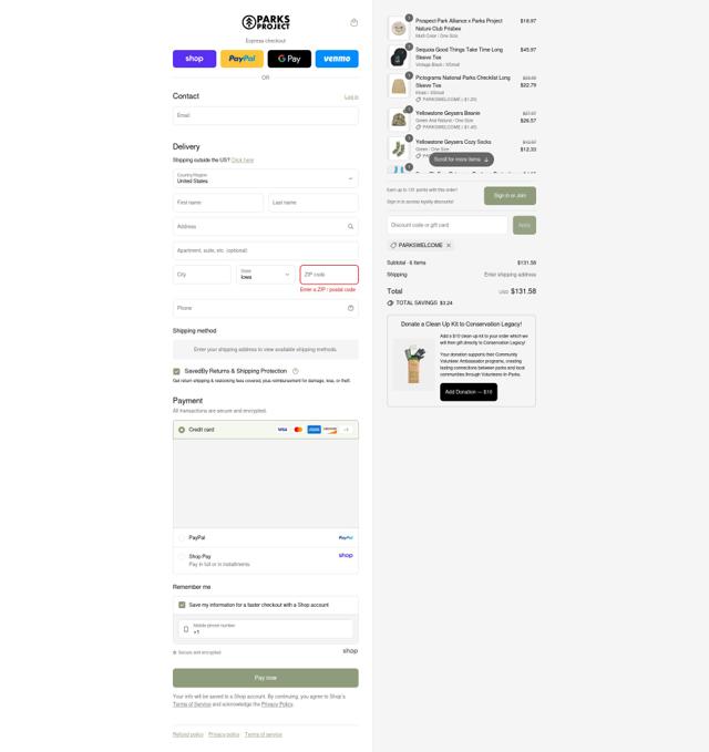 Parks Project checkout page showing Parks Project discount code box | Screenshot taken by SimplyCodes community member on Sep 2, 2025