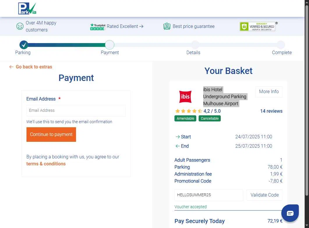 ParkVia UK checkout page showing ParkVia UK promo code box | Screenshot taken by SimplyCodes community member on Jul 21, 2025