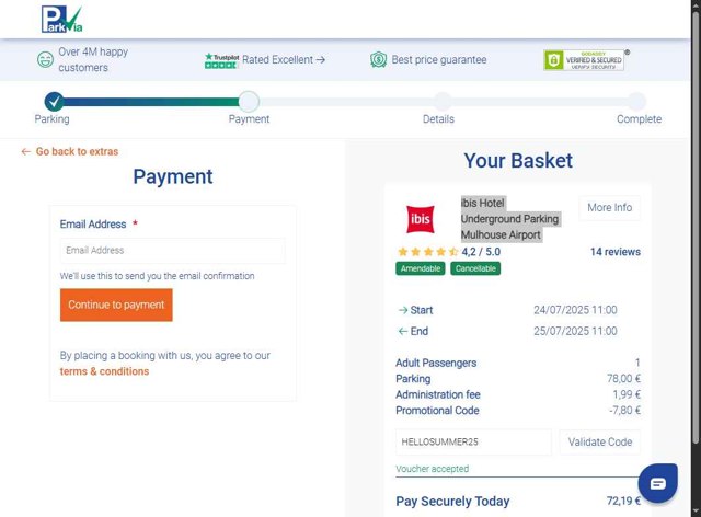 ParkVia UK checkout page showing ParkVia UK promo code box | Screenshot taken by SimplyCodes community member on Jul 21, 2025