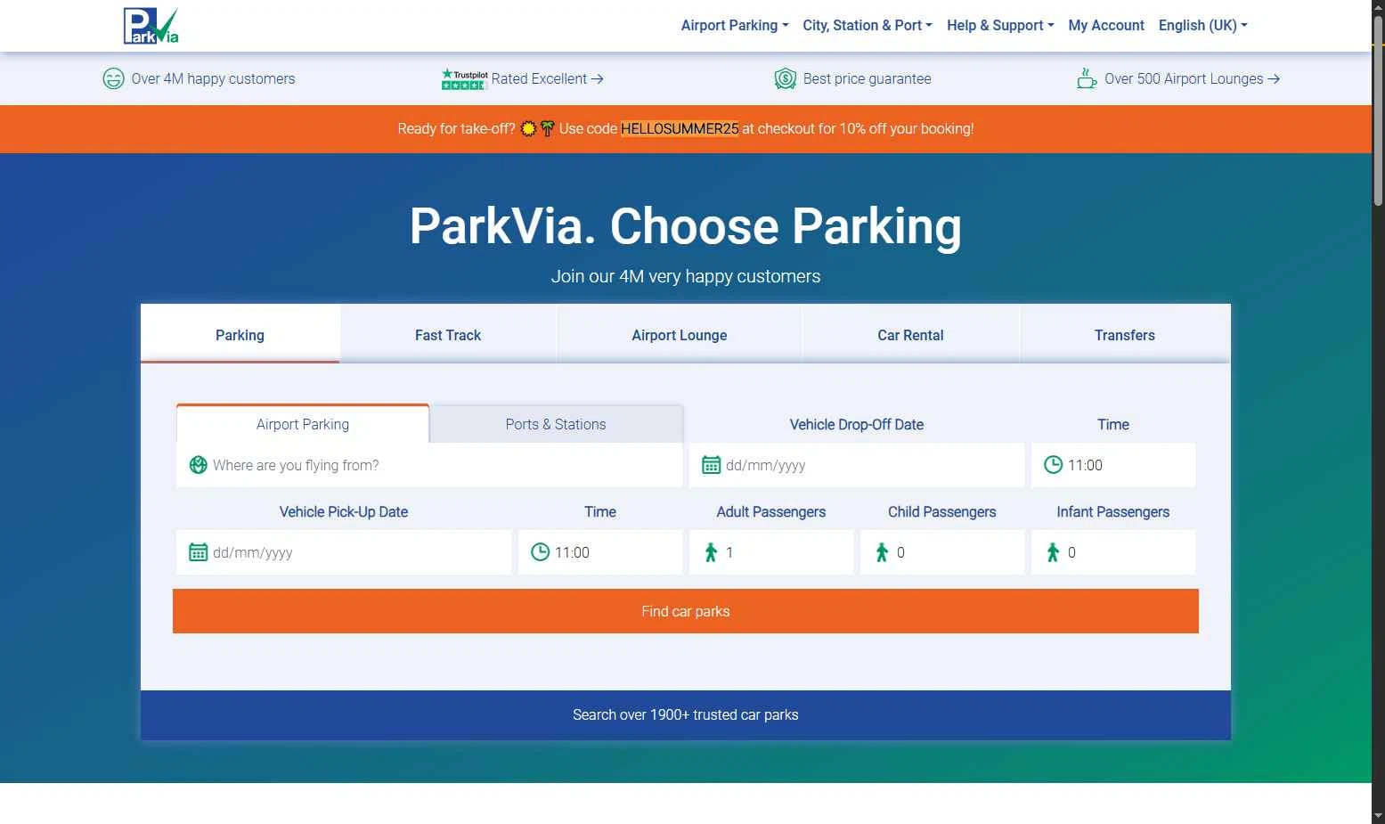 ParkVia UK checkout page showing ParkVia UK promo code box | Screenshot taken by SimplyCodes community member on Jul 21, 2025
