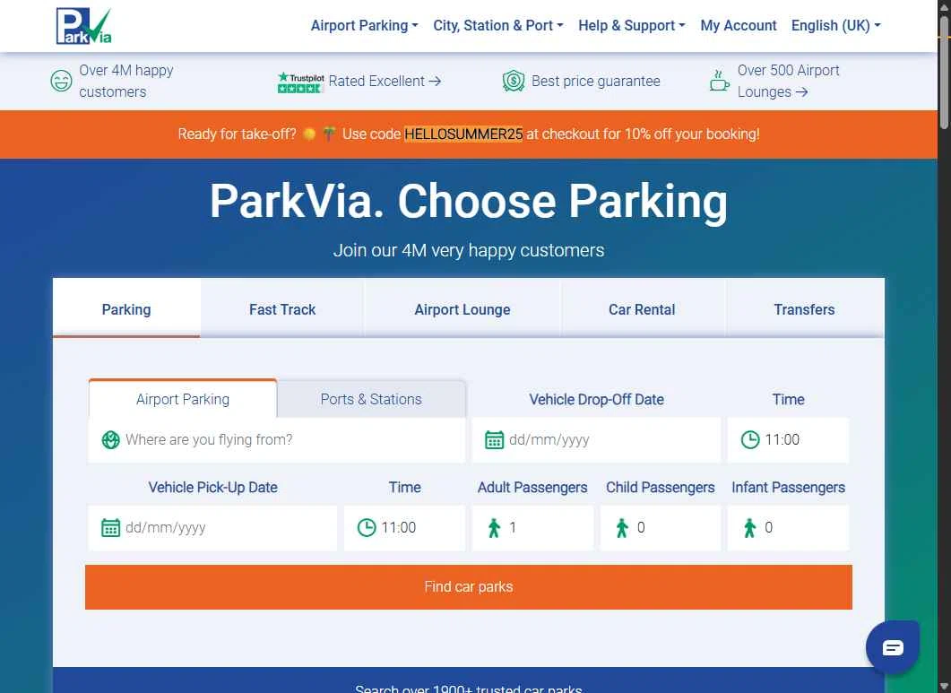ParkVia UK checkout page showing ParkVia UK promo code box | Screenshot taken by SimplyCodes community member on Jul 1, 2025