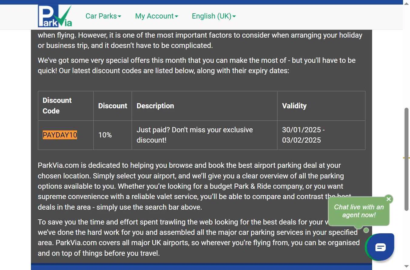 ParkVia UK checkout page showing ParkVia UK promo code box | Screenshot taken by SimplyCodes community member on Jul 31, 2025