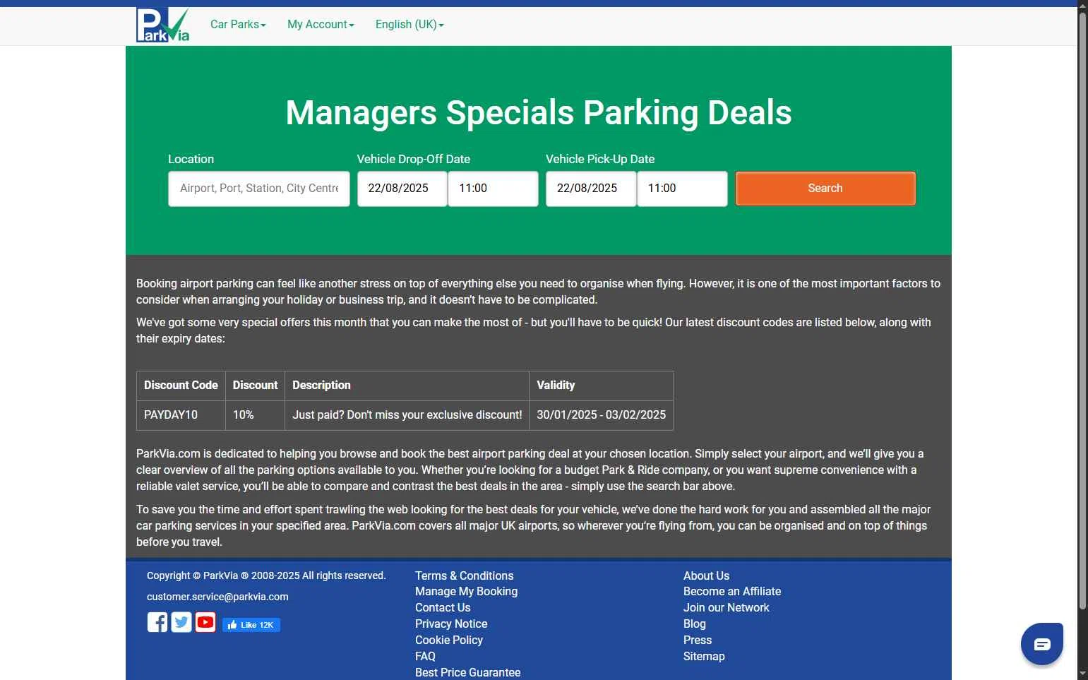 ParkVia UK checkout page showing ParkVia UK promo code box | Screenshot taken by SimplyCodes community member on Aug 21, 2025