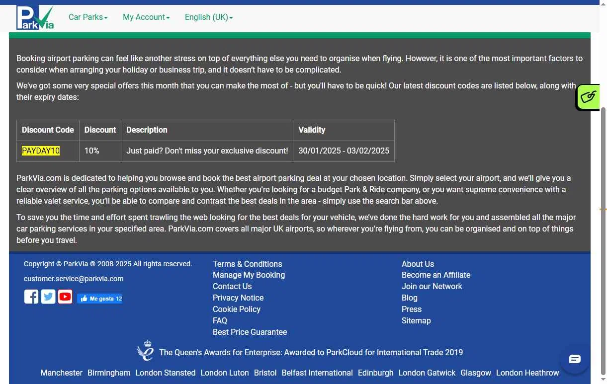 ParkVia UK checkout page showing ParkVia UK promo code box | Screenshot taken by SimplyCodes community member on Jun 12, 2025