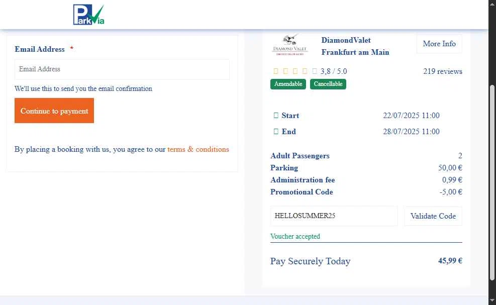 ParkVia UK checkout page showing ParkVia UK promo code box | Screenshot taken by SimplyCodes community member on Jul 21, 2025