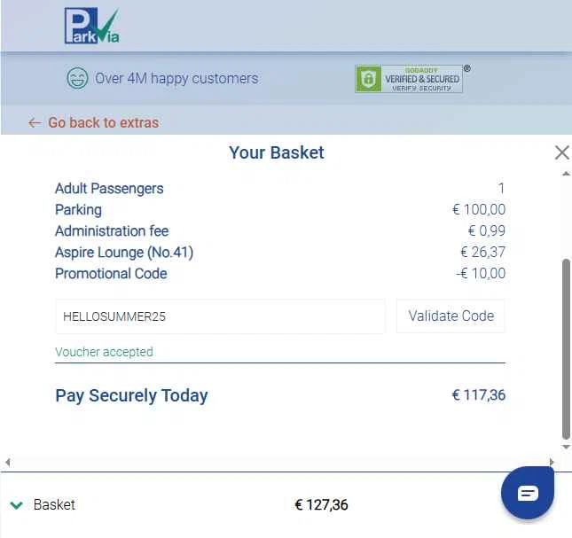 ParkVia UK checkout page showing ParkVia UK promo code box | Screenshot taken by SimplyCodes community member on Jul 21, 2025