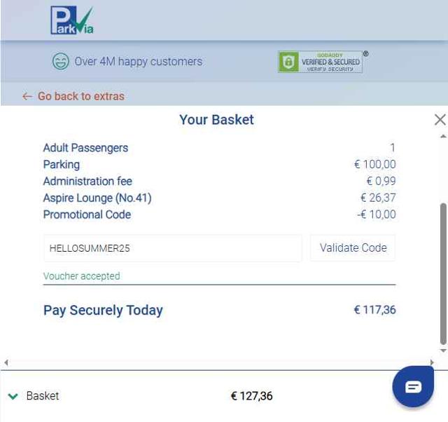ParkVia UK checkout page showing ParkVia UK promo code box | Screenshot taken by SimplyCodes community member on Jul 21, 2025