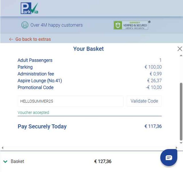 ParkVia UK checkout page showing ParkVia UK promo code box | Screenshot taken by SimplyCodes community member on Jul 21, 2025