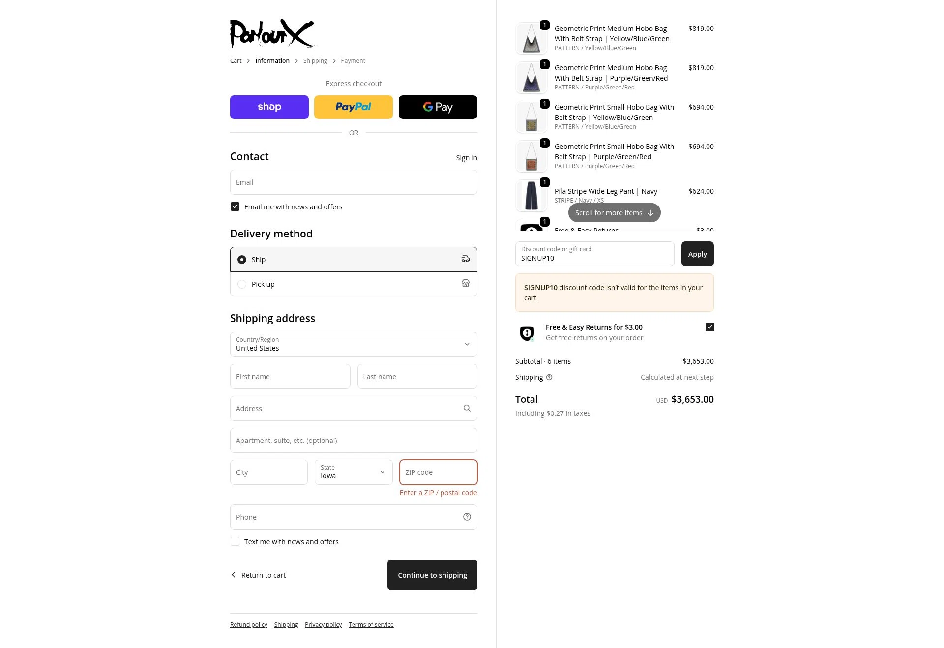 ParlourX checkout page showing ParlourX promo code box | Screenshot taken by SimplyCodes community member on Sep 23, 2025