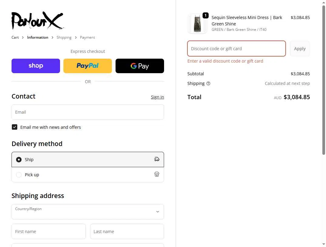 ParlourX checkout page showing ParlourX promo code box | Screenshot taken by SimplyCodes community member on Sep 18, 2025