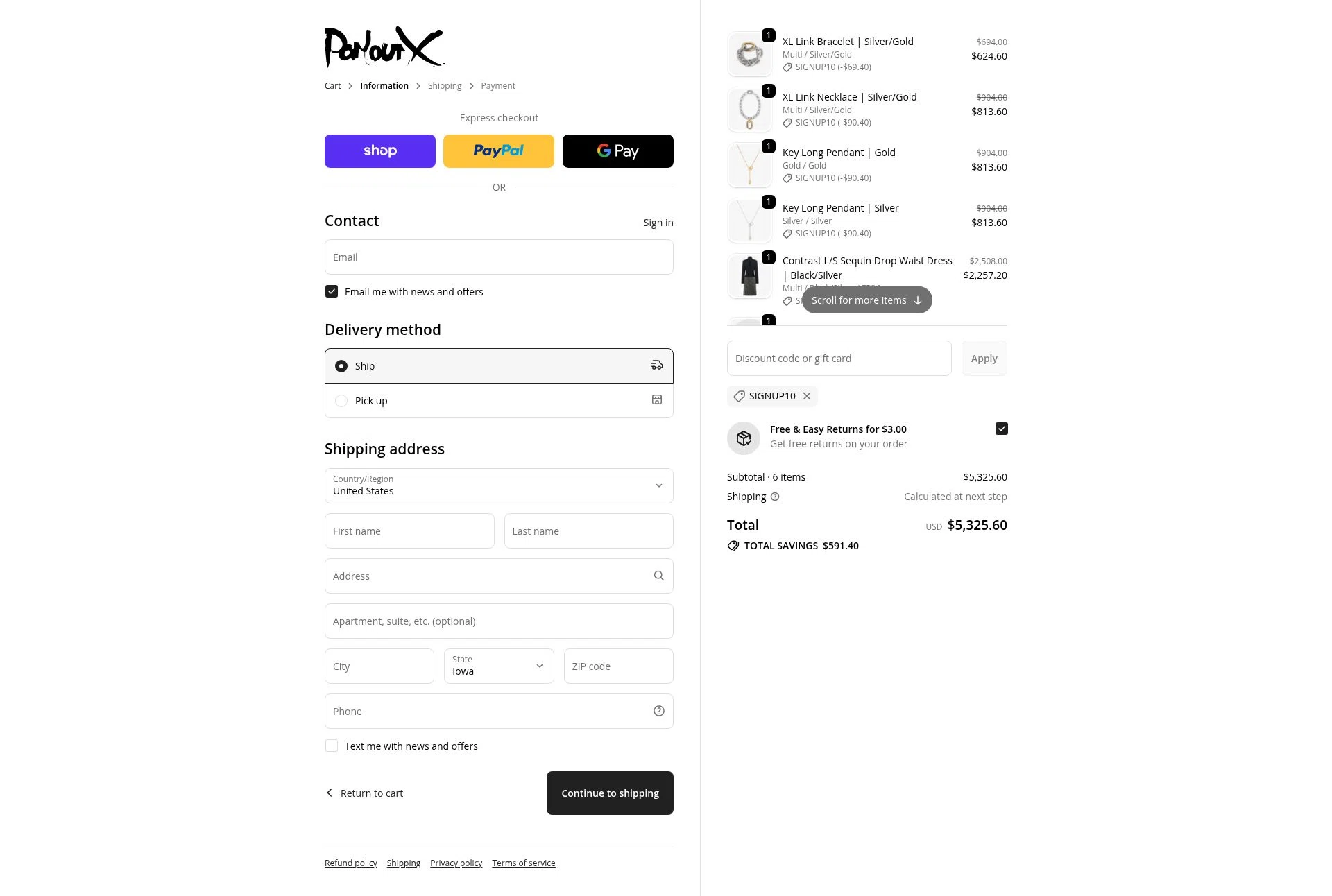ParlourX checkout page showing ParlourX promo code box | Screenshot taken by SimplyCodes community member on Oct 29, 2025