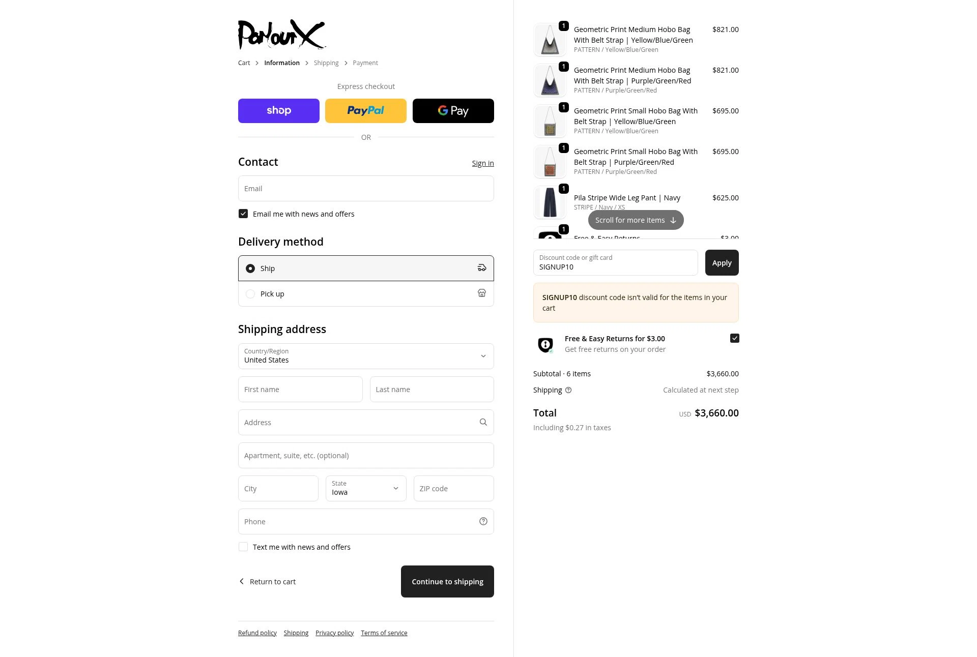 ParlourX checkout page showing ParlourX promo code box | Screenshot taken by SimplyCodes community member on Sep 18, 2025