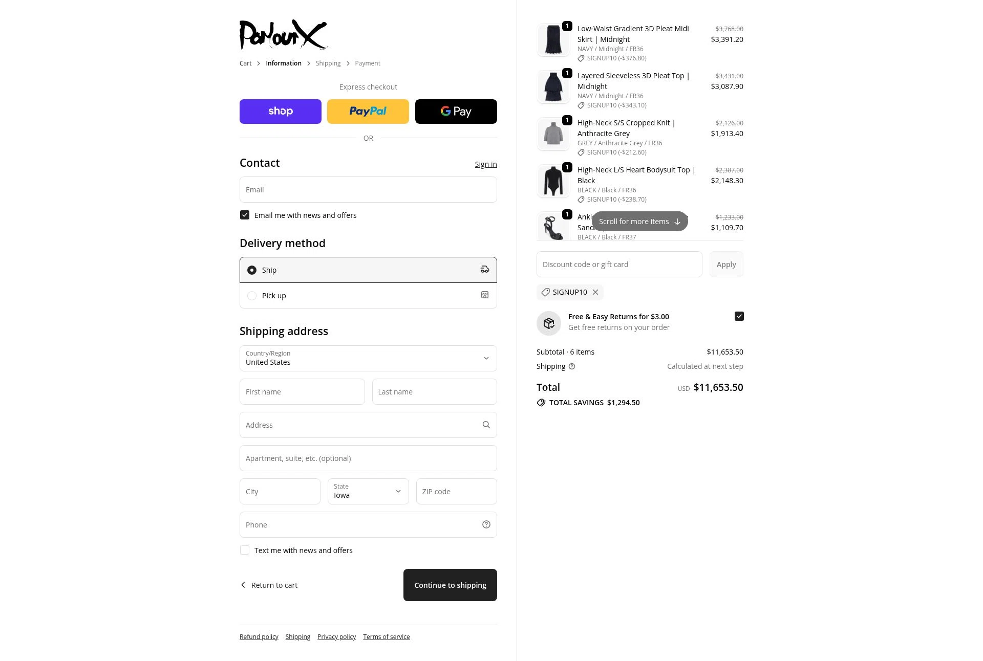 ParlourX checkout page showing ParlourX promo code box | Screenshot taken by SimplyCodes community member on Nov 5, 2025