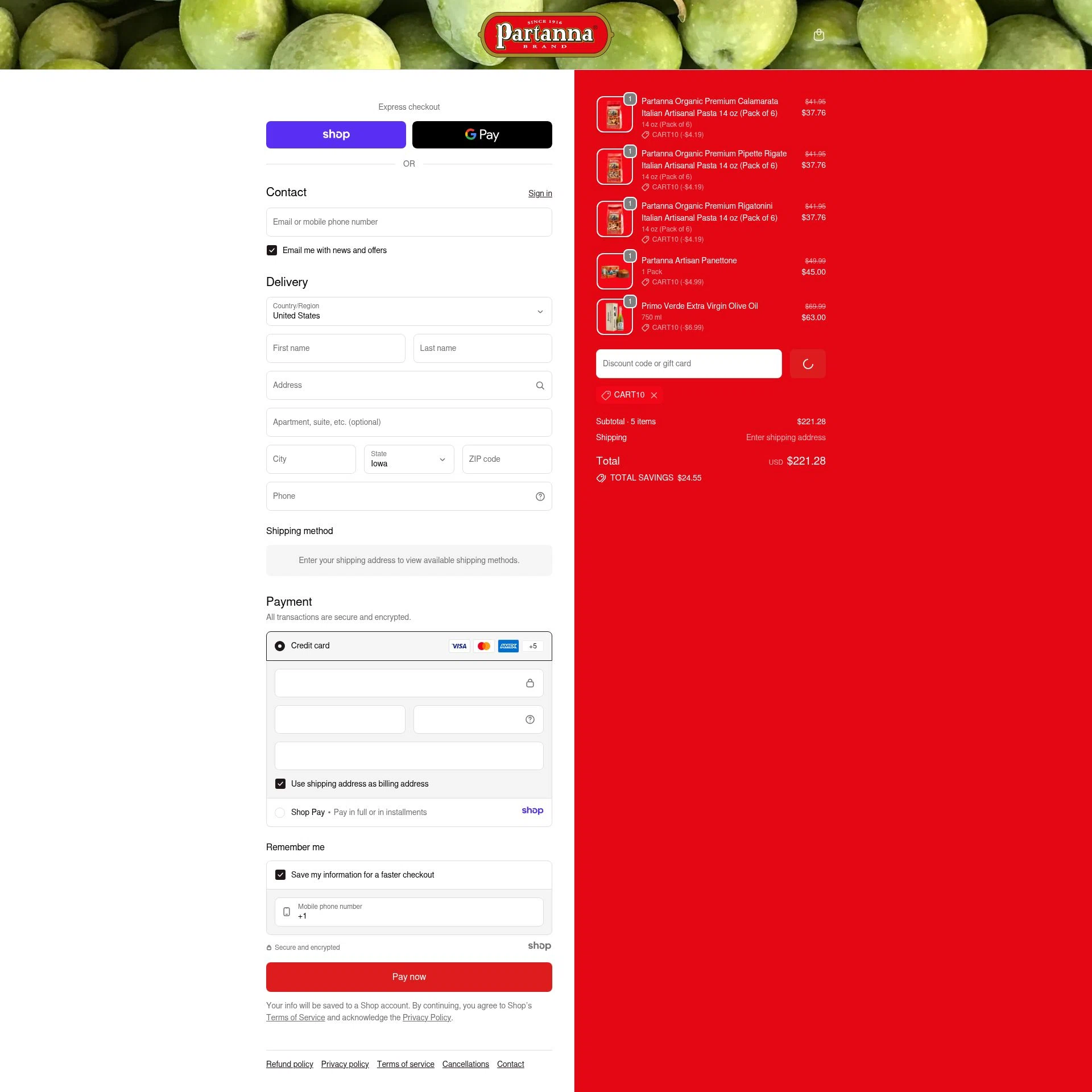 Partanna checkout page showing Partanna promo code box | Screenshot taken by SimplyCodes community member on Jan 3, 2026