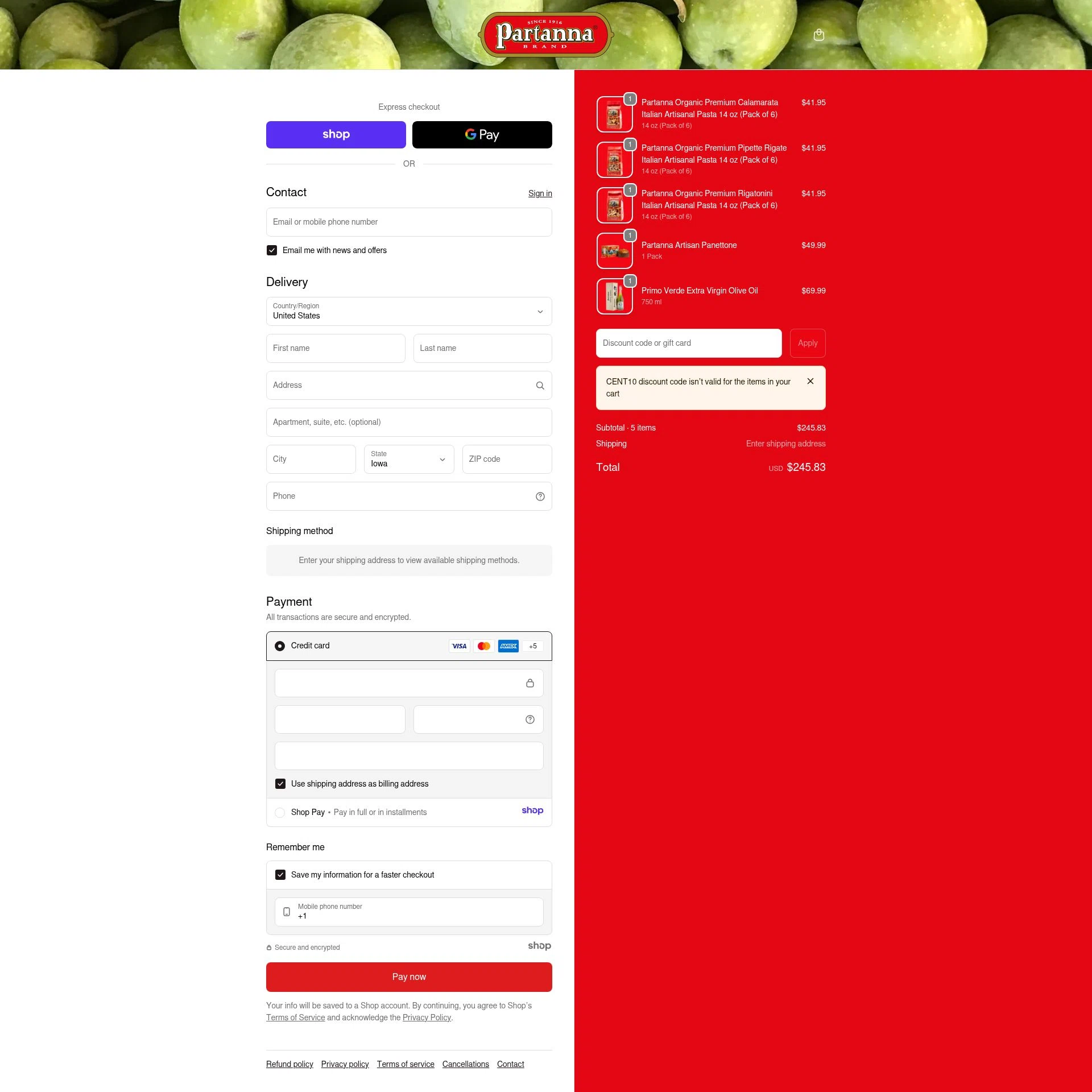 Partanna checkout page showing Partanna promo code box | Screenshot taken by SimplyCodes community member on Jan 3, 2026